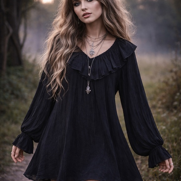 Aries Woman Dresses & Skirts - Vintage Aries Woman Black Rayon Romantic Gothic Tunic Mini Dress